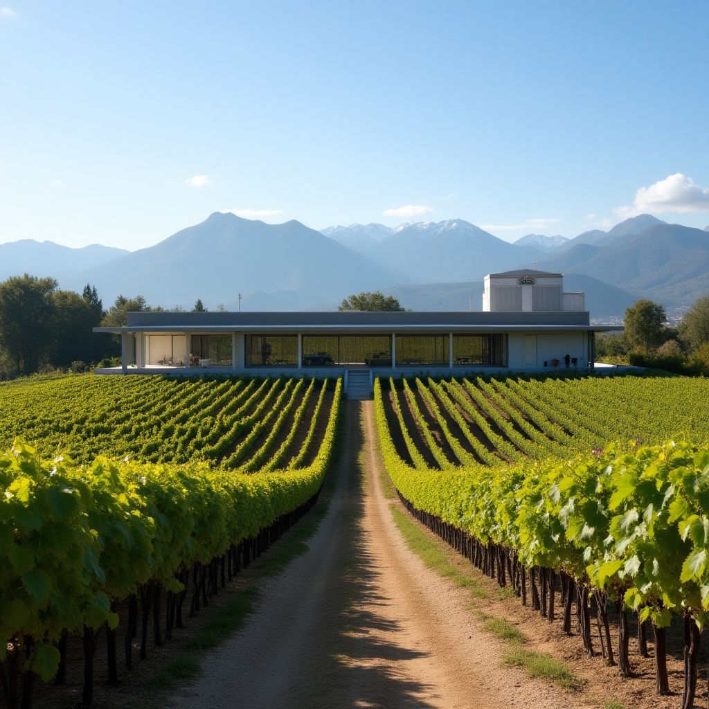 Bodega moderna y viñedos en Mendoza.