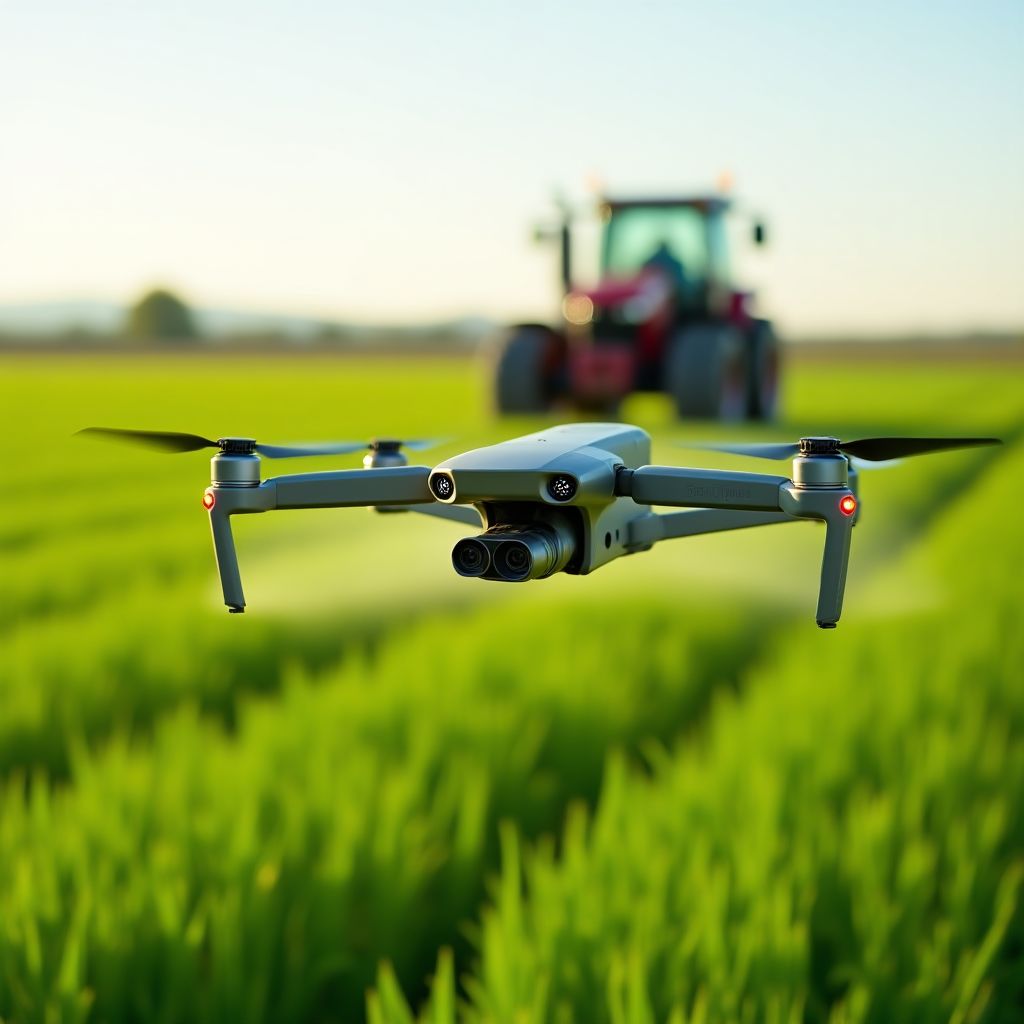 Un dron sobrevolando un campo de cultivo en la pampa argentina.