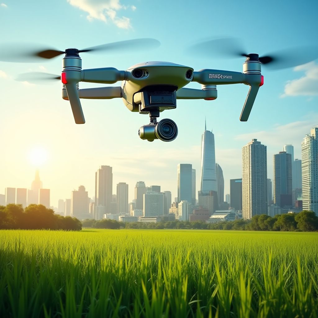 Montaje de imágenes que representan el futuro de Argentina: un científico en un laboratorio, un campo de soja con tecnología y un parque eólico.